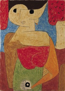 Paul Klee: “omphalo-centrischer Vortrag”, 1939, 690 (KK 10), Kreide und Kleisterfarbe auf Seide auf Jute auf Keilrahmen, 70 x 50,5 cm